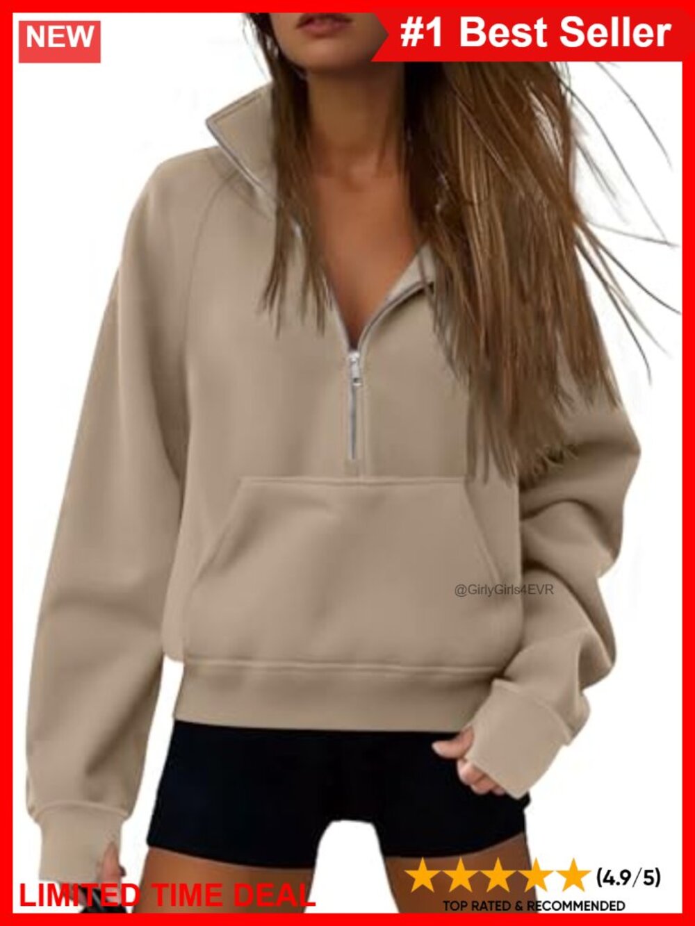 Cotton Polyester Half Zip Cropped Hoodie with Thumb Holes